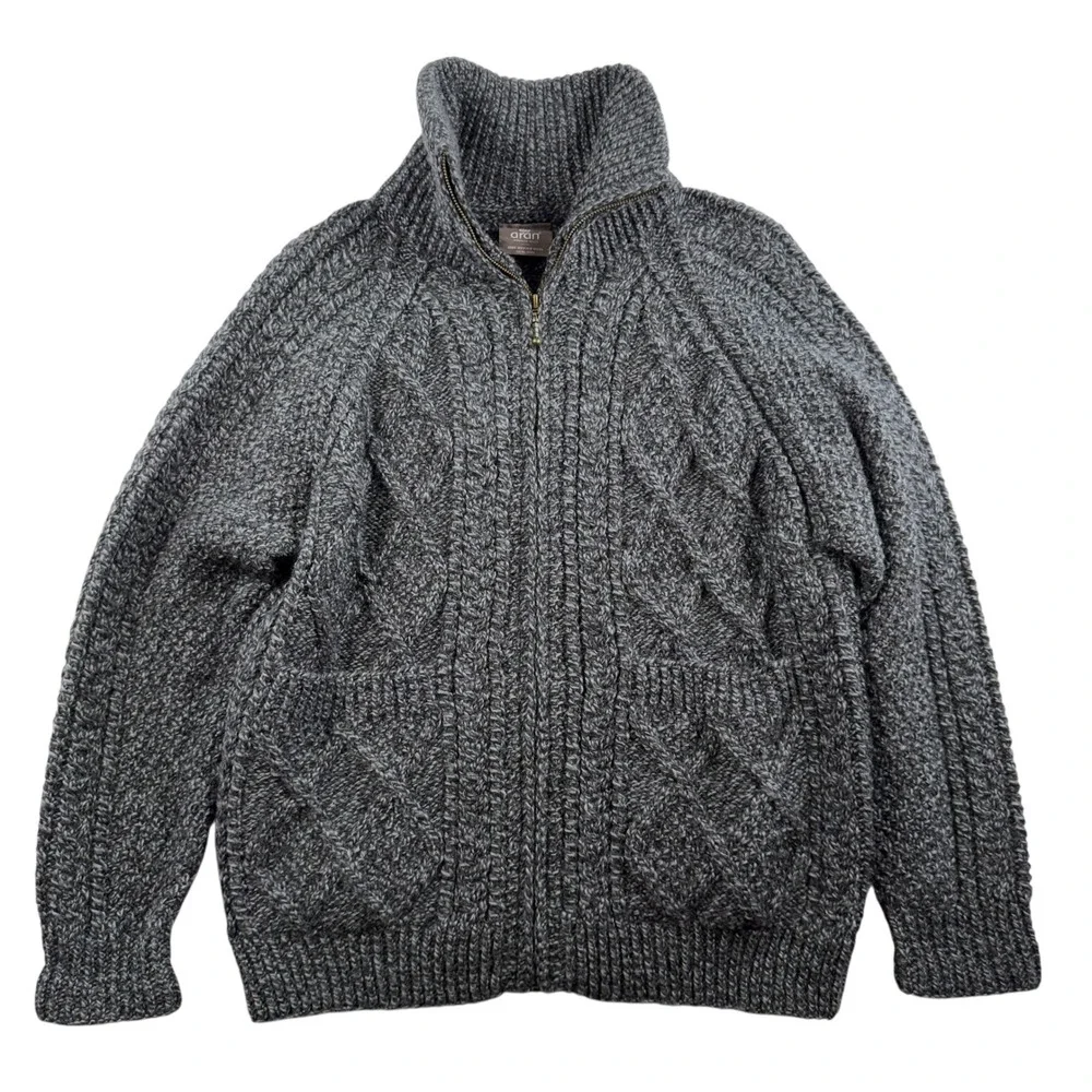 Aran Woollen Mills Mens XS Cardigan Sweater Merino Wool Full Zip Cable Oversized